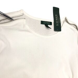 Lauren Ralph Lauren Ribbed Knit Top Women's 3X White Zip Shoulders Long Sleeve